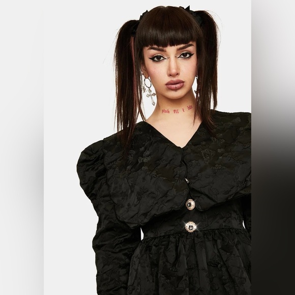 SISTER JANE Grange Jacquard Mini Dress Long Sleeve Rhinestone Buttons Black - Picture 2 of 14